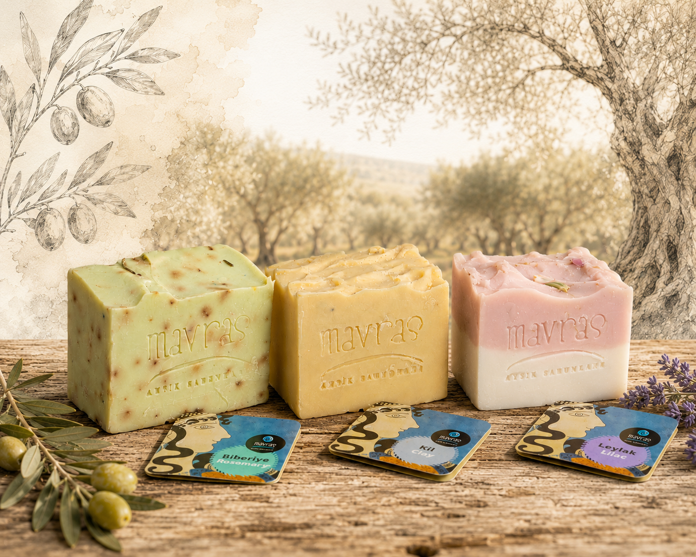 Mavras Artisan 3’lü Sabun Seti ( Biberiye , Kil , Leylak ) Mavras Zeytin